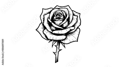 Black and white line drawing of a single rose with delicate petals and thorny stem