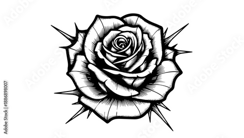 Black and white line drawing of a single rose with thorns