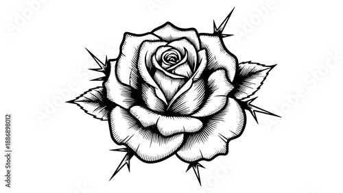 High-contrast black-and-white line drawing of a single rose with botanical detail