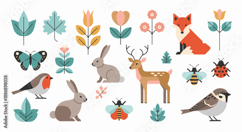 Cute cartoon rabbits with flowers and Easter eggs in a garden scene