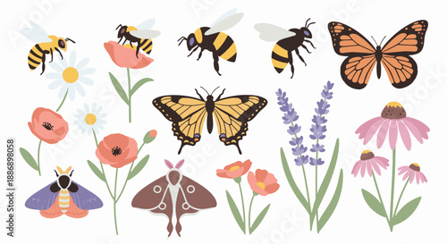 Colorful butterflies flying among blooming flowers in a decorative nature design