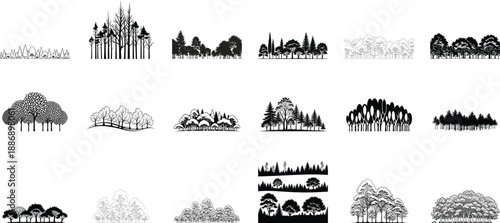 Collection of black and white forest landscape icons isolated on transparent background