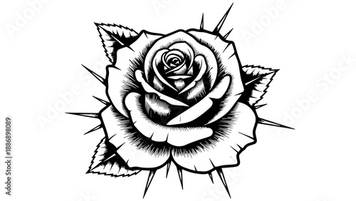 High-contrast black-and-white line drawing of a single rose with layered petals, sharp thorns, and serrated leaves