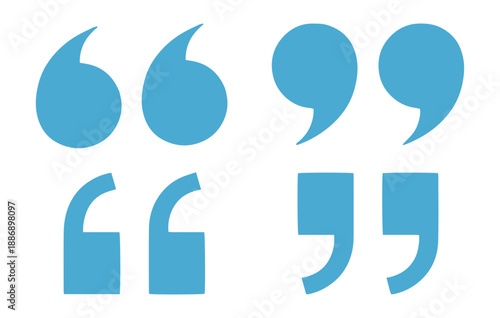 Quotes and citation marks icons set, flat blue speech and quotation bubble vector illustration