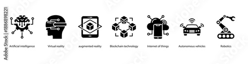 Emerging Technologies web banner icon vector illustration featuring Artificial Intelligence, Virtual Reality, Augmented Reality, Blockchain Technology, Autonomous Vehicles, and Robotics.