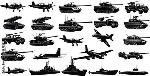 WebSilhouettes of military vehicles and aircraft including tanks, jets, warships, submarines, missile launchers, and propeller planes