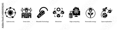 Future City and Space Innovation web banner icon vector illustration featuring Cybersecurity, Smart Cities, Wearable Technology, Blockchain, Edge Computing, Renewable Energy, and Space Exploration.