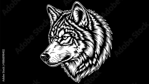 High-contrast monochromatic illustration of a wolf's head in profile on a black background