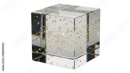 Foto Isolated cubic paperweight with golden flakes floating inside, perfect for deskt