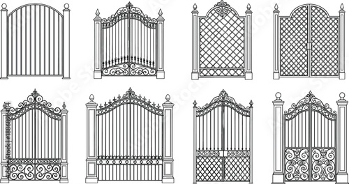 Classic Wrought Iron Gate and Fence Set with Ornate Scrollwork and Lattice Designs for Architecture and Garden Vector Illustration