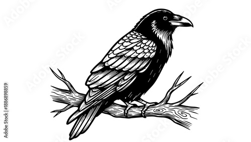 Black and white illustration of a crow perched on a weathered branch