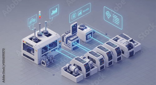 Futuristic industrial facility with interconnected modules and digital interfaces.