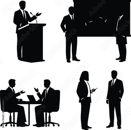 Business professionals collaborating and presenting in a corporate environment from various viewpoints