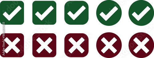 Green and Maroon Check Mark with Cross Icon Set in Circle and Square Shapes for Web UI UX Design Elements