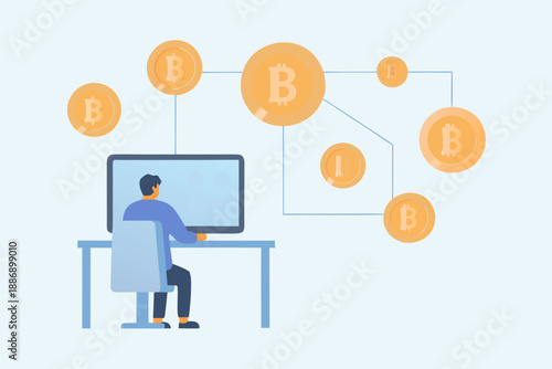 A person working on a computer connected to a bitcoin blockchain network