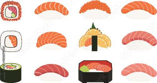 Sushi and Japanese Cuisine Set with Salmon Nigiri Tuna Maki Rolls and Sashimi for Seafood Restaurant Menu Vector Illustration