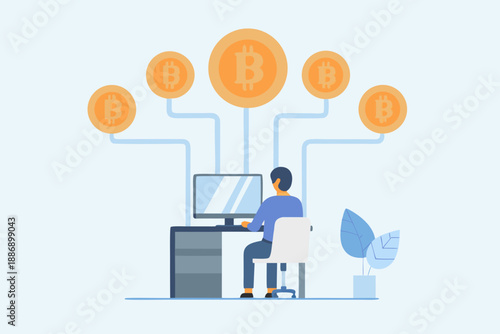 Person using a computer connected to a network of bitcoin cryptocurrency coins