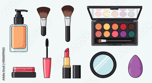 Assortment of colorful cosmetic items including foundation brushes lipstick and eye shadow palette