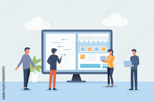 Team collaboration and project planning displayed on a large computer screen