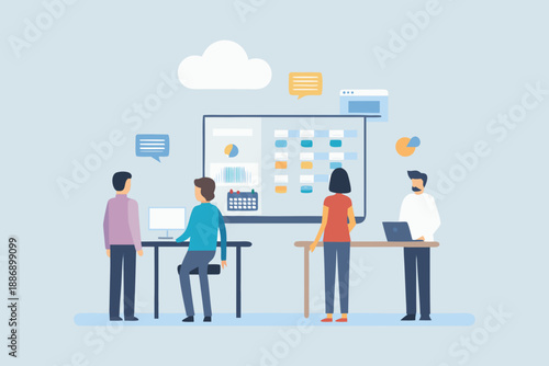 Team collaboration and project management visualized with a digital display board