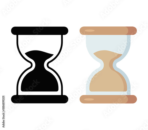 Hourglass illustration set, black silhouette and flat style sand clock for time management and deadline concept isolated on white background