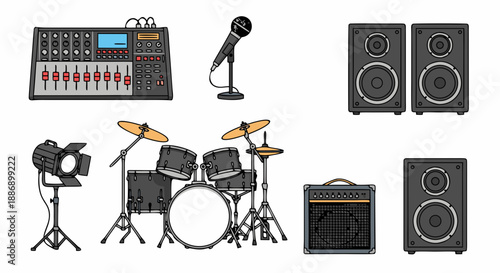 Collection of cartoon music equipment including drums speakers mixer microphone and spotlight for performance