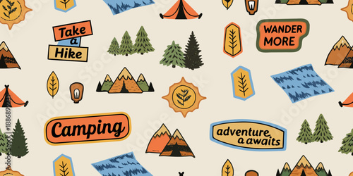 A vibrant seamless pattern featuring camping hiking and mountain adventure elements