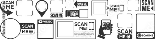 Large collection of black and white "Scan Me" QR code frame vectors. Set includes various modern border styles, call-to-action buttons, and smartphone icons for digital marketing and retail use.