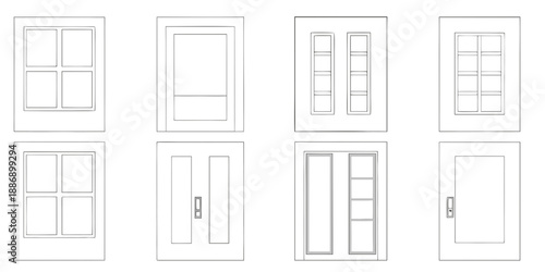 Collection of architectural door and window frame designs in a simple style