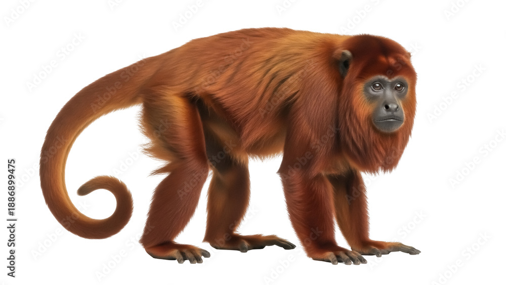 Fototapeta premium Isolated Red Howler Monkey side view standing close on ground ready to leap forward animal