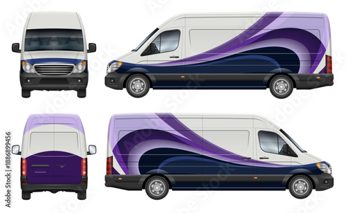 Delivery cargo van wrap vector mockup view from side, front, rear. Perfect for vehicle branding, corporate identity and design concepts. All elements in the groups are in separate layers