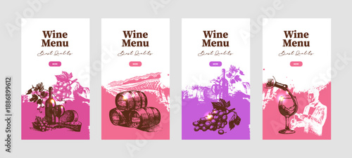 Vintage wine banner set with sketch illustrations. Hand drawn vector isolated background. Wine festival, tasting event, design menu concept