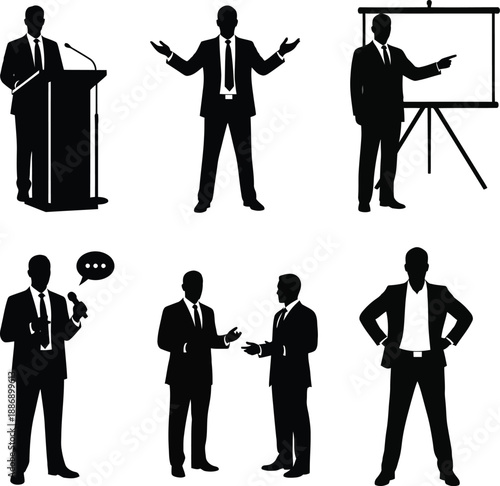 Business professionals in various poses and actions illustrating communication and presentation skills in a corporate environment from multiple viewpoints