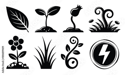 Set bundle earth day silhouette icons of plants leaves seedlings flowers