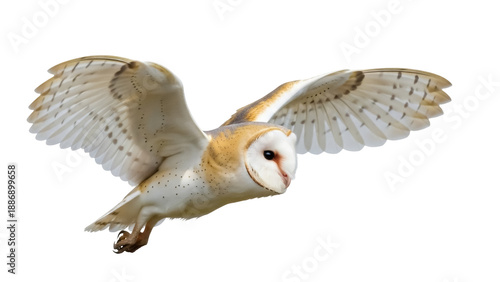 Canvas Print Isolated flying barn owl with wings spread graceful bird predator aerial no back