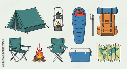 Collection of essential camping gear including a tent sleeping bag chairs and backpack illustrations