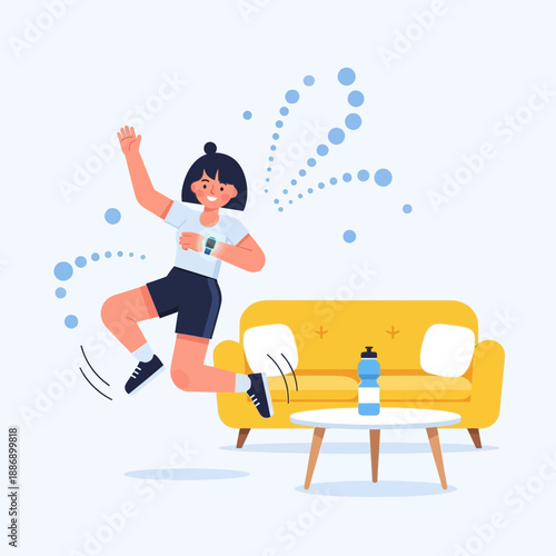 Active Person Jumping on Smartwatch in Living Room Animated Illustration Yellow Couch Fitness Bottle.png