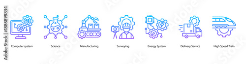Advanced Technology Systems web banner icon vector illustration featuring Computer System, Science, Manufacturing, Surveying, Energy System, Delivery Service, and High Speed Train.