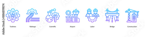 Infrastructure and Transportation web banner icon vector illustration featuring Turbines, Railways, Scientific, Airport, Labor, Bridge, and Construction.