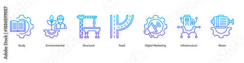 Modern Engineering Fields web banner icon vector illustration featuring Study, Environmental, Structural, Road, Digital Marketing, Infrastructure, and Motor.