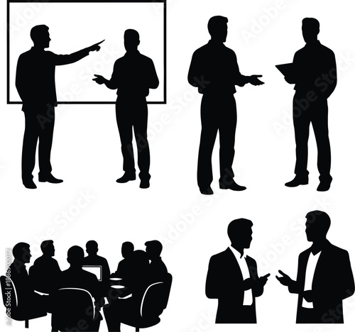 Business professionals collaborating and presenting ideas in a meeting environment from various viewpoints