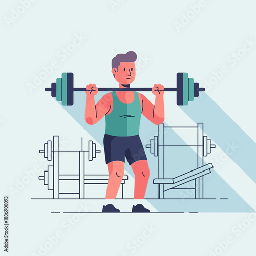 Cartoon Man Weightlifting Gym Fitness Vector Art Minimal Light Blue Abstract Illustration.png