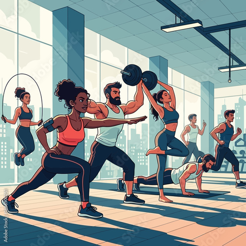 Dynamic Fitness Classin Modern Gym With Group Workouts, Friends Training and Health Motivation.png