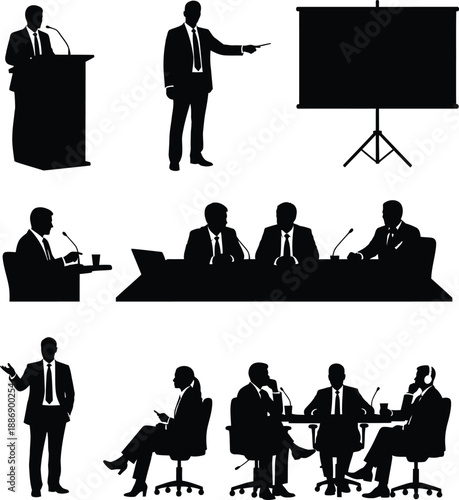 Silhouetted business professionals engaged in various corporate activities and meetings across different settings