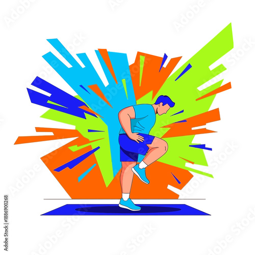Dynamic Stretching Pose Fitness Woman Turquoise Top Navy Blue Shorts High Leg Stretch Vibrant Geometric Background.png