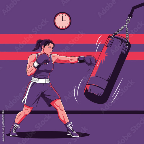 Female Boxer Punching Heavy Bag Training Fitness Workout Illustration Vector.png