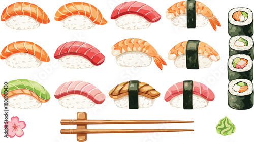 Assorted Sushi and Nigiri Set with Salmon Tuna Shrimp Eel Maki Rolls and Chopsticks for Japanese Restaurant Menu Vector Illustration
