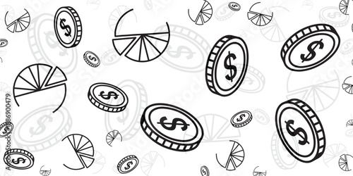 Hand-drawn coins and pie charts symbolize financial success and growth opportunities
