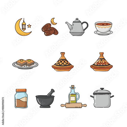 Ramadhan Islamic Celebration with Dates, Tea, and Traditional Cooking Utensils in a Serene Environment