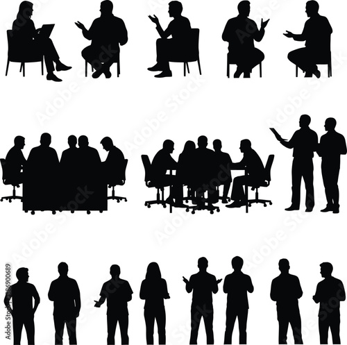 Silhouetted figures in various business settings and interactions illustrated from multiple viewpoints